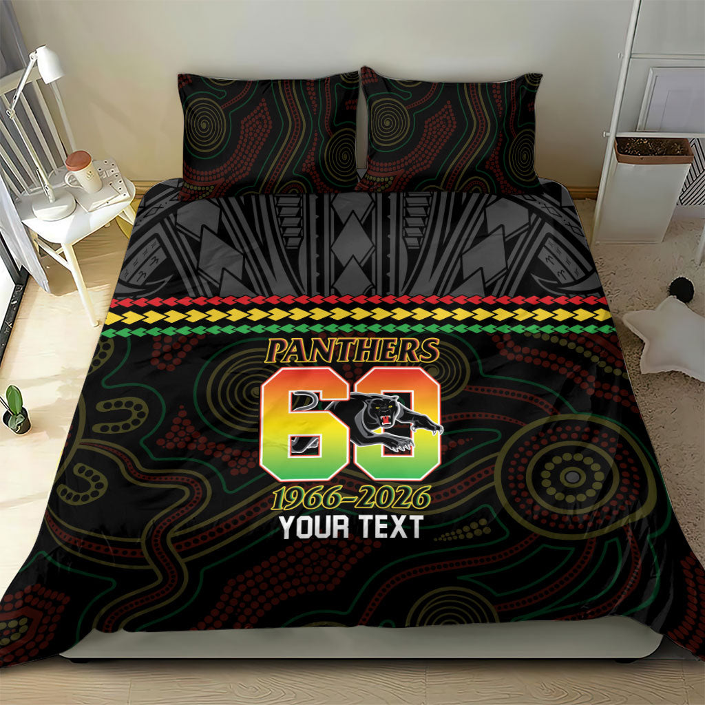 Penrith Panthers Rugby Custom Bedding Set 60 Years Anniversary Black Polynesian Aboriginal Art