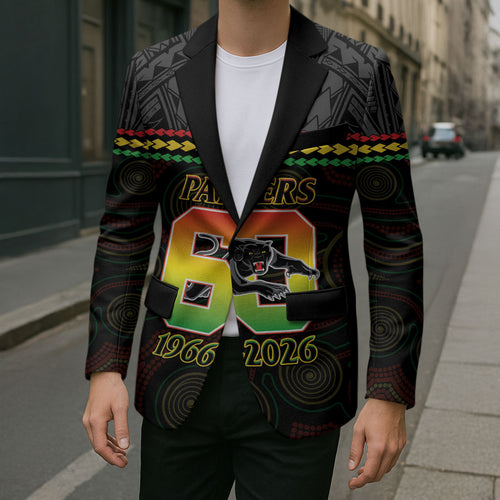 Penrith Panthers Rugby Custom Blazer 60 Years Anniversary Black Polynesian Aboriginal Art