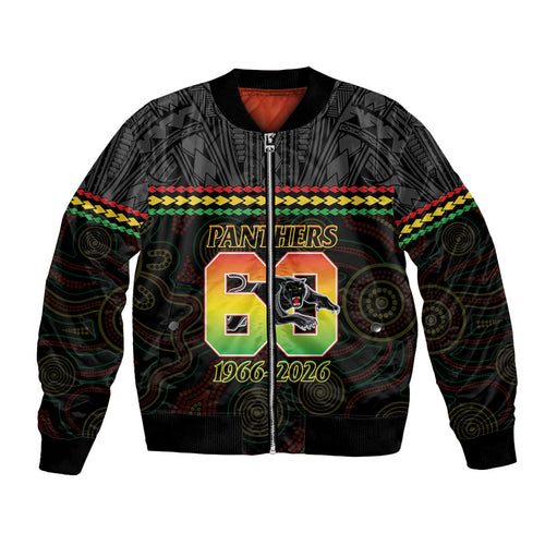 Penrith Panthers Rugby Custom Bomber Jacket 60 Years Anniversary Black Polynesian Aboriginal Art