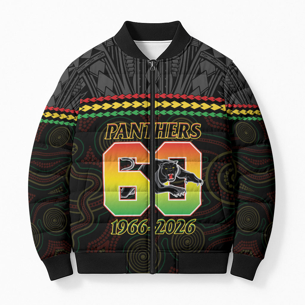 Penrith Panthers Rugby Custom Bomber Puffer Jacket 60 Years Anniversary Black Polynesian Aboriginal Art