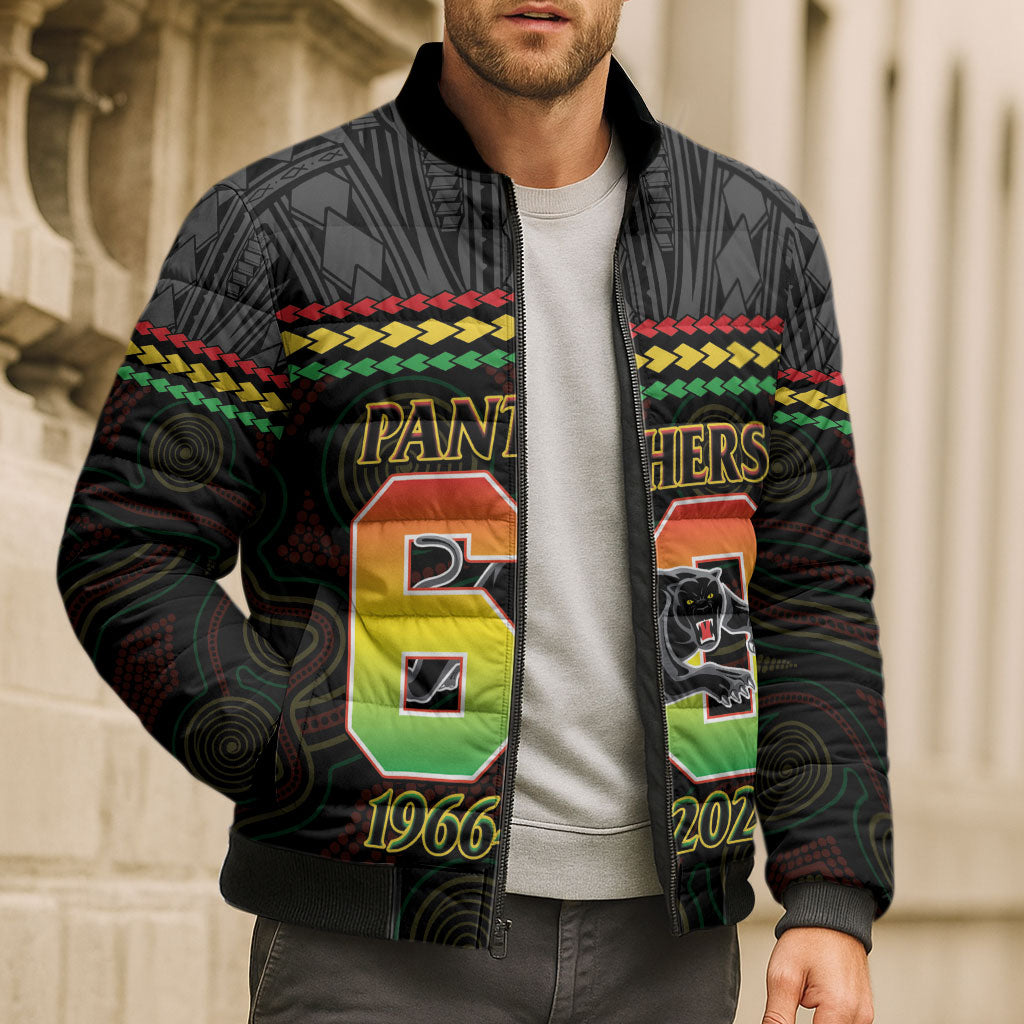 Penrith Panthers Rugby Custom Bomber Puffer Jacket 60 Years Anniversary Black Polynesian Aboriginal Art