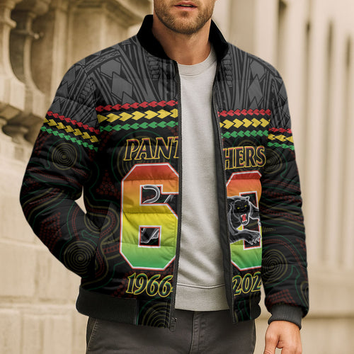 Penrith Panthers Rugby Custom Bomber Puffer Jacket 60 Years Anniversary Black Polynesian Aboriginal Art