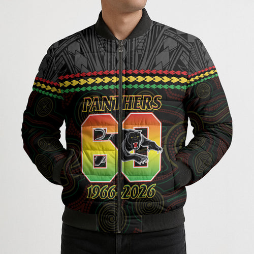 Penrith Panthers Rugby Custom Bomber Puffer Jacket 60 Years Anniversary Black Polynesian Aboriginal Art