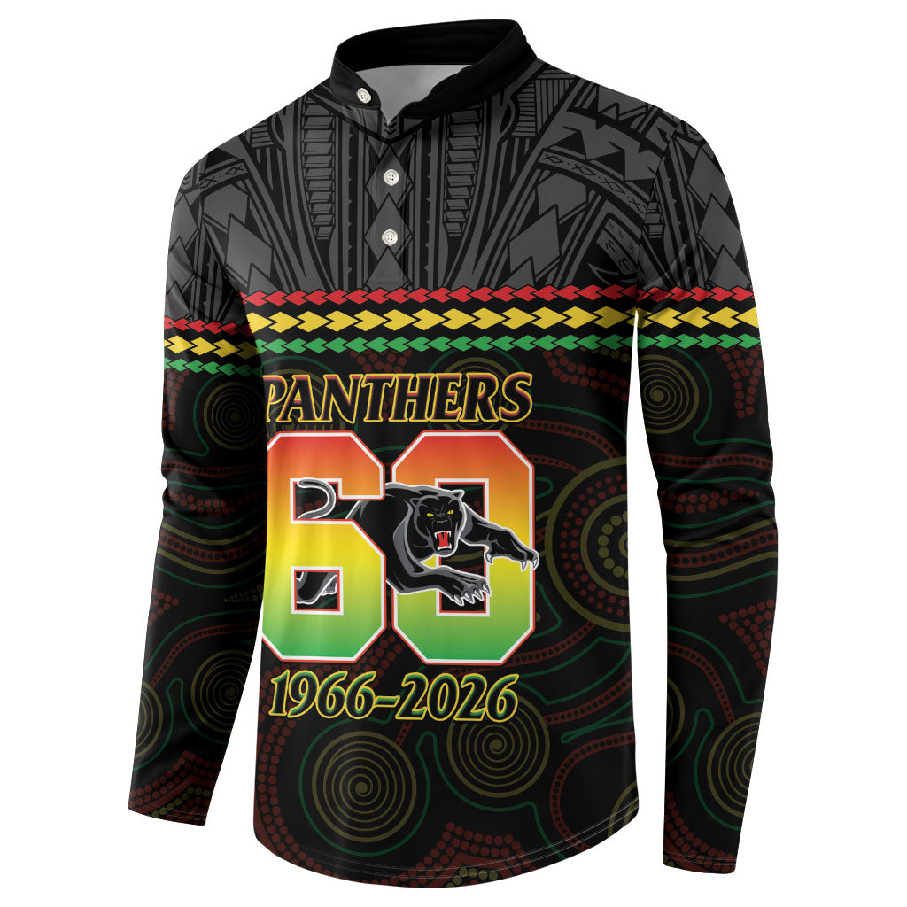 Penrith Panthers Rugby Custom Button Sweatshirt 60 Years Anniversary Black Polynesian Aboriginal Art