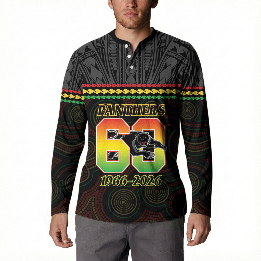 Penrith Panthers Rugby Custom Button Sweatshirt 60 Years Anniversary Black Polynesian Aboriginal Art