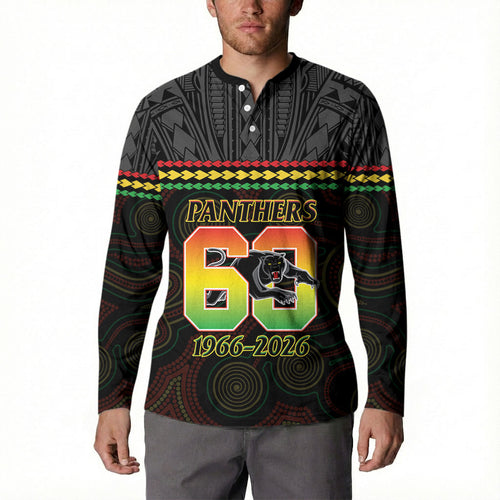 Penrith Panthers Rugby Custom Button Sweatshirt 60 Years Anniversary Black Polynesian Aboriginal Art