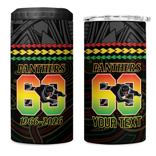 Penrith Panthers Rugby Custom 4 in 1 Can Cooler Tumbler 60 Years Anniversary Black Polynesian Aboriginal Art