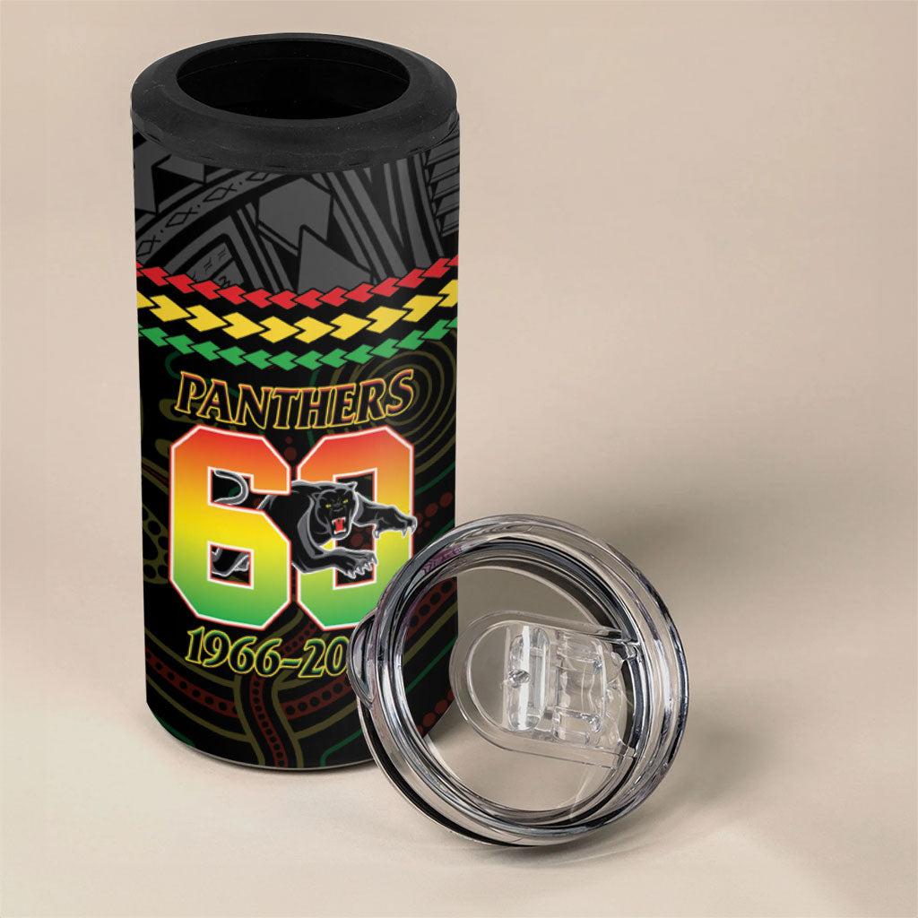 Penrith Panthers Rugby Custom 4 in 1 Can Cooler Tumbler 60 Years Anniversary Black Polynesian Aboriginal Art