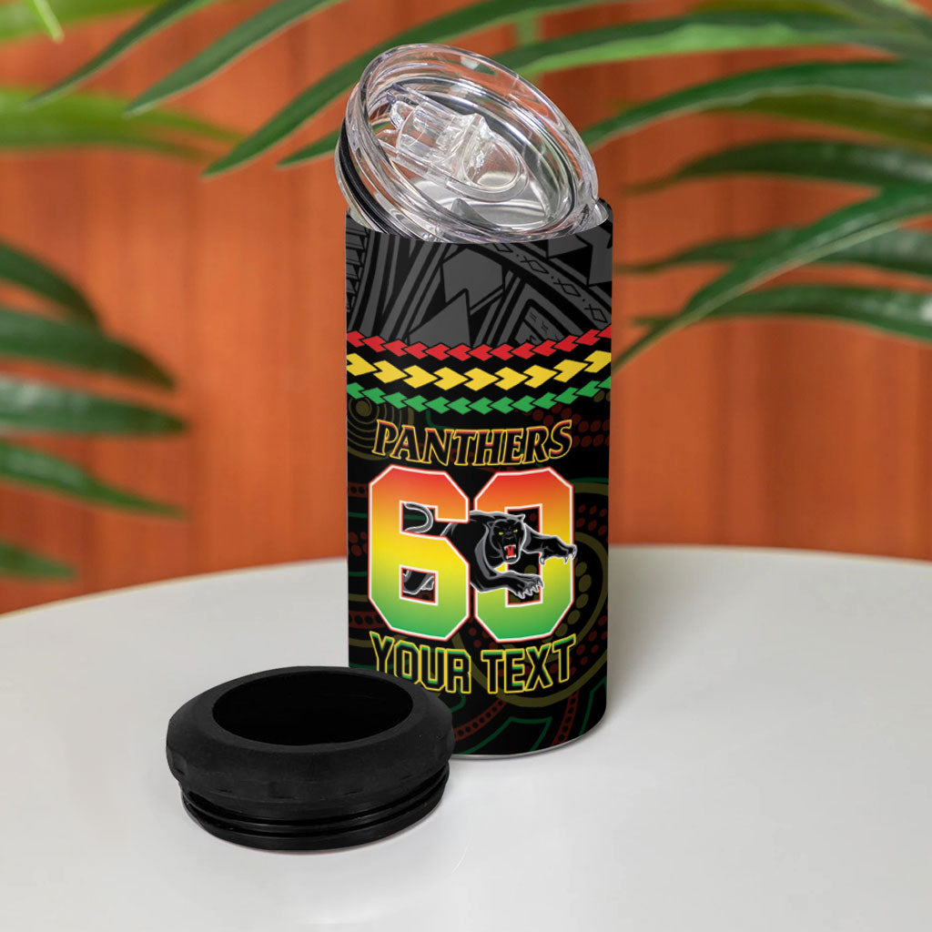 Penrith Panthers Rugby Custom 4 in 1 Can Cooler Tumbler 60 Years Anniversary Black Polynesian Aboriginal Art