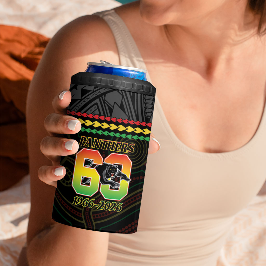 Penrith Panthers Rugby Custom 4 in 1 Can Cooler Tumbler 60 Years Anniversary Black Polynesian Aboriginal Art