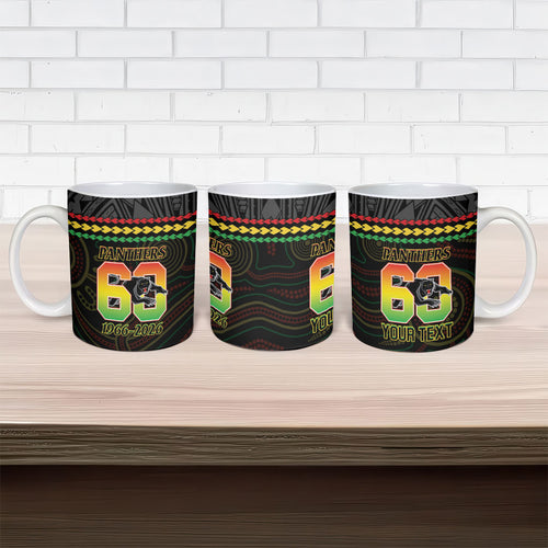 Penrith Panthers Rugby Custom Ceramic Mug 60 Years Anniversary Black Polynesian Aboriginal Art