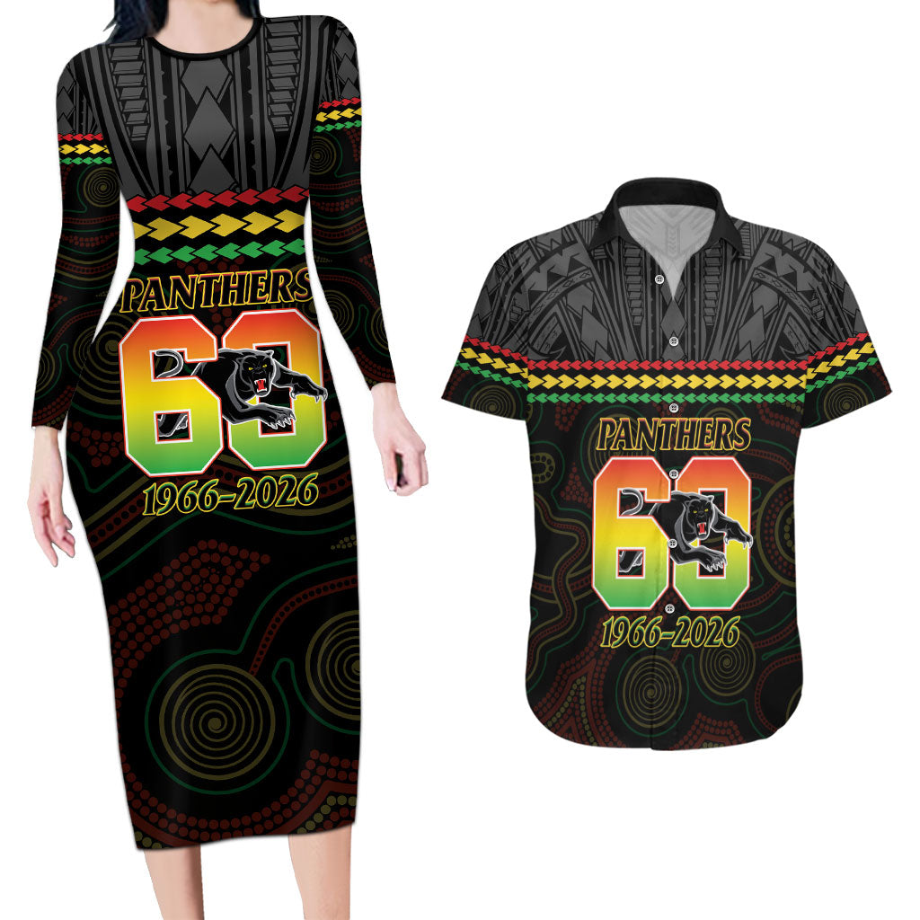 Penrith Panthers Rugby Custom Couples Matching Long Sleeve Bodycon Dress and Hawaiian Shirt 60 Years Anniversary Black Polynesian Aboriginal Art