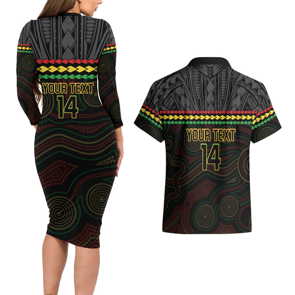 Penrith Panthers Rugby Custom Couples Matching Long Sleeve Bodycon Dress and Hawaiian Shirt 60 Years Anniversary Black Polynesian Aboriginal Art