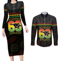 Penrith Panthers Rugby Custom Couples Matching Long Sleeve Bodycon Dress and Long Sleeve Button Shirt 60 Years Anniversary Black Polynesian Aboriginal Art