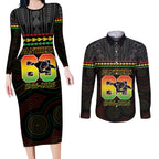 Penrith Panthers Rugby Custom Couples Matching Long Sleeve Bodycon Dress and Long Sleeve Button Shirt 60 Years Anniversary Black Polynesian Aboriginal Art