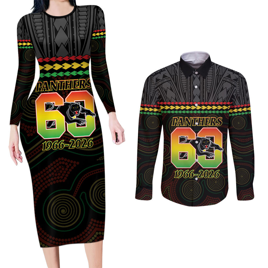 Penrith Panthers Rugby Custom Couples Matching Long Sleeve Bodycon Dress and Long Sleeve Button Shirt 60 Years Anniversary Black Polynesian Aboriginal Art