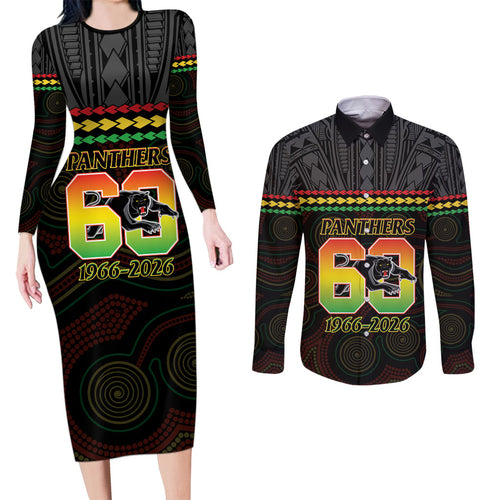 Penrith Panthers Rugby Custom Couples Matching Long Sleeve Bodycon Dress and Long Sleeve Button Shirt 60 Years Anniversary Black Polynesian Aboriginal Art