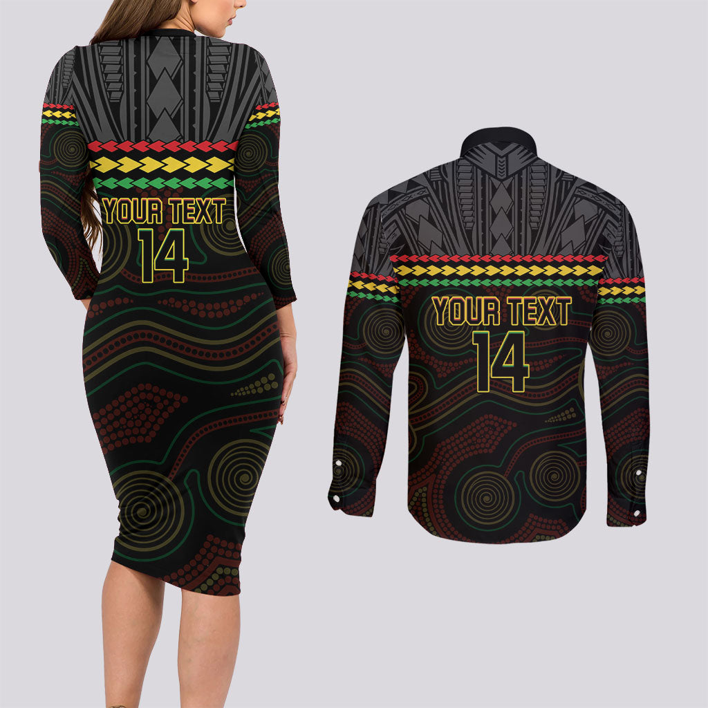 Penrith Panthers Rugby Custom Couples Matching Long Sleeve Bodycon Dress and Long Sleeve Button Shirt 60 Years Anniversary Black Polynesian Aboriginal Art