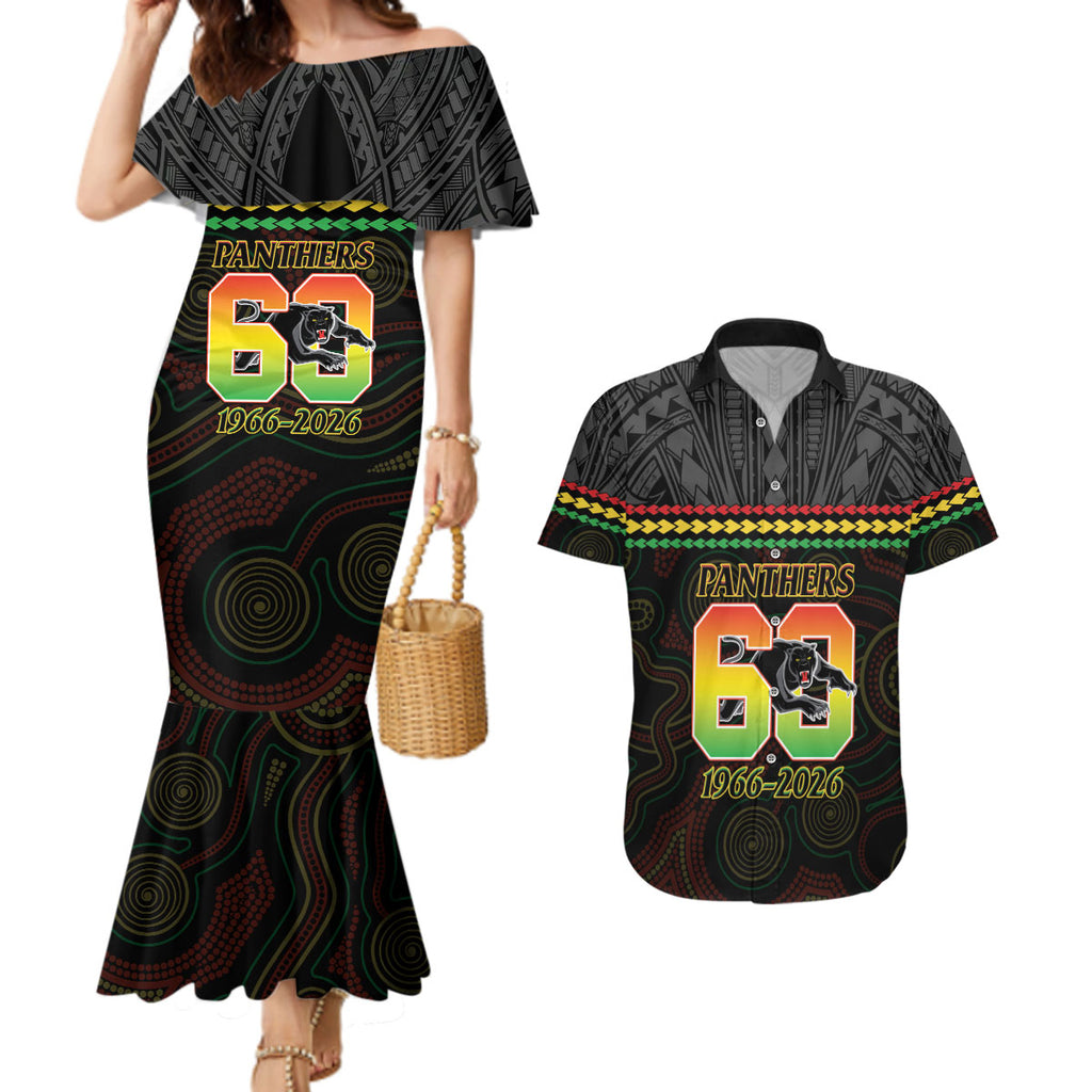 Penrith Panthers Rugby Custom Couples Matching Mermaid Dress and Hawaiian Shirt 60 Years Anniversary Black Polynesian Aboriginal Art