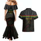 Penrith Panthers Rugby Custom Couples Matching Mermaid Dress and Hawaiian Shirt 60 Years Anniversary Black Polynesian Aboriginal Art