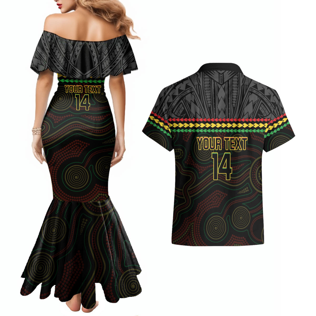 Penrith Panthers Rugby Custom Couples Matching Mermaid Dress and Hawaiian Shirt 60 Years Anniversary Black Polynesian Aboriginal Art