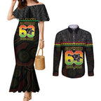 Penrith Panthers Rugby Custom Couples Matching Mermaid Dress and Long Sleeve Button Shirt 60 Years Anniversary Black Polynesian Aboriginal Art