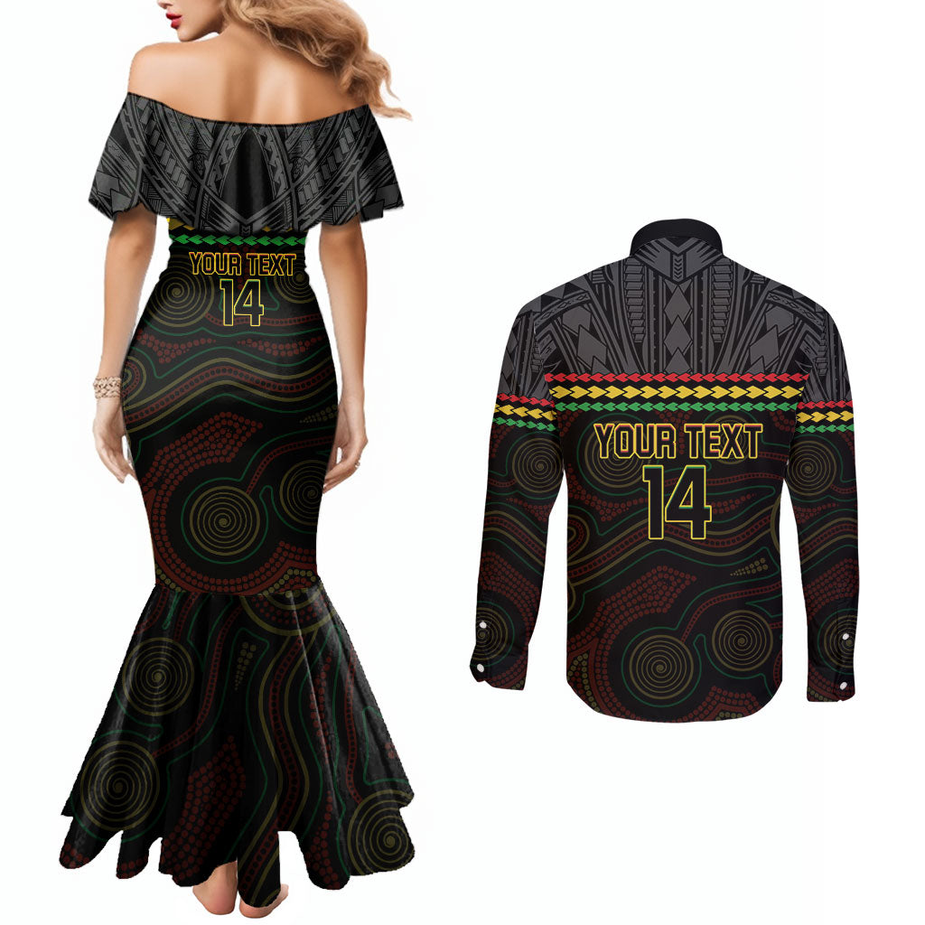 Penrith Panthers Rugby Custom Couples Matching Mermaid Dress and Long Sleeve Button Shirt 60 Years Anniversary Black Polynesian Aboriginal Art