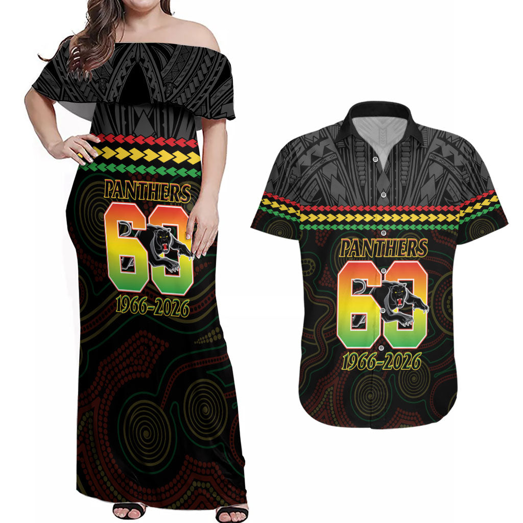 Penrith Panthers Rugby Custom Couples Matching Off Shoulder Maxi Dress and Hawaiian Shirt 60 Years Anniversary Black Polynesian Aboriginal Art