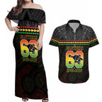 Penrith Panthers Rugby Custom Couples Matching Off Shoulder Maxi Dress and Hawaiian Shirt 60 Years Anniversary Black Polynesian Aboriginal Art