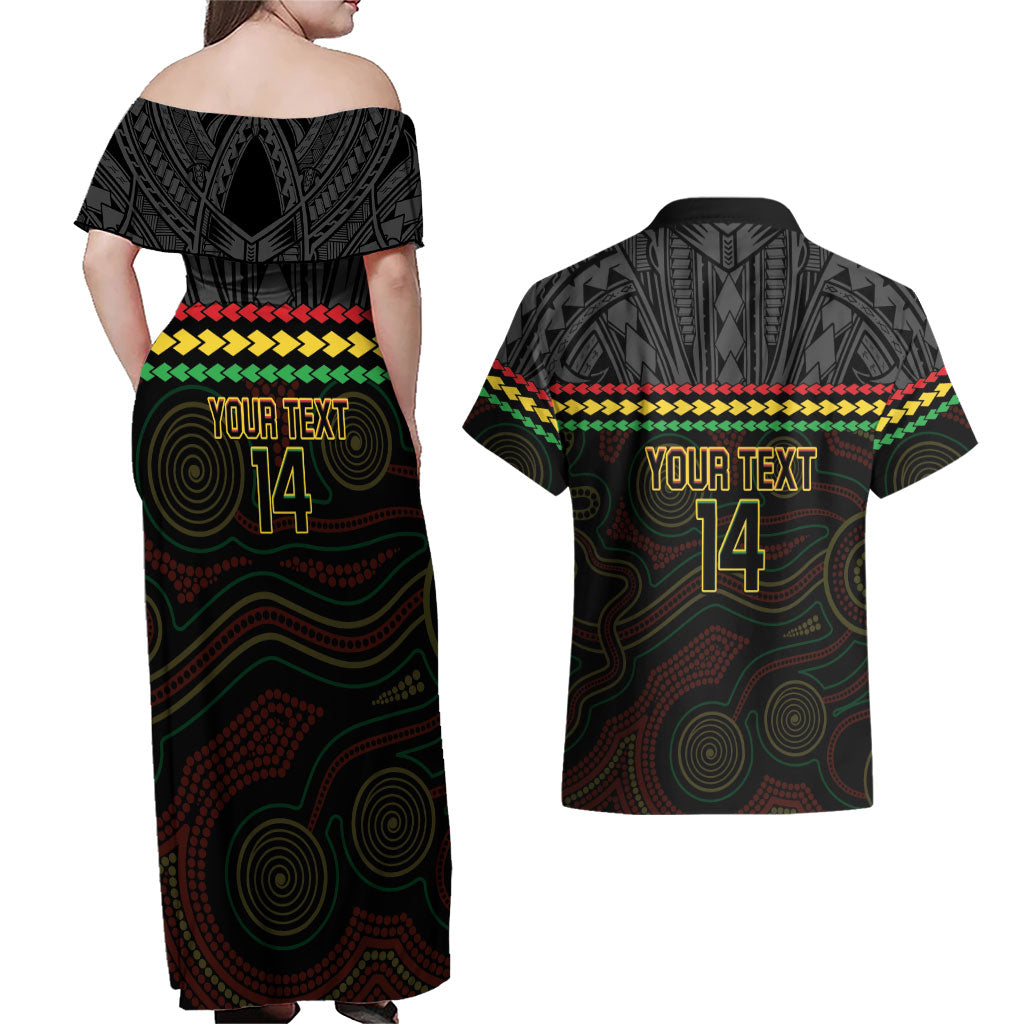Penrith Panthers Rugby Custom Couples Matching Off Shoulder Maxi Dress and Hawaiian Shirt 60 Years Anniversary Black Polynesian Aboriginal Art