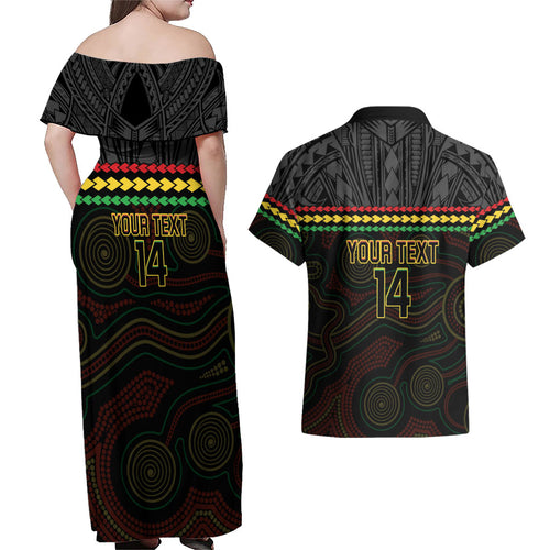 Penrith Panthers Rugby Custom Couples Matching Off Shoulder Maxi Dress and Hawaiian Shirt 60 Years Anniversary Black Polynesian Aboriginal Art