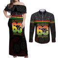 Penrith Panthers Rugby Custom Couples Matching Off Shoulder Maxi Dress and Long Sleeve Button Shirt 60 Years Anniversary Black Polynesian Aboriginal Art