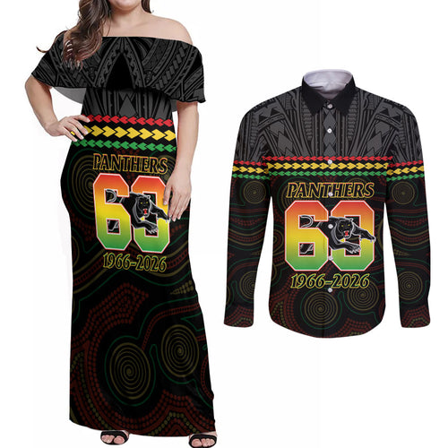 Penrith Panthers Rugby Custom Couples Matching Off Shoulder Maxi Dress and Long Sleeve Button Shirt 60 Years Anniversary Black Polynesian Aboriginal Art