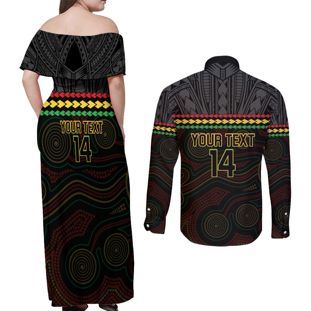 Penrith Panthers Rugby Custom Couples Matching Off Shoulder Maxi Dress and Long Sleeve Button Shirt 60 Years Anniversary Black Polynesian Aboriginal Art