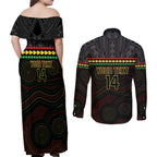 Penrith Panthers Rugby Custom Couples Matching Off Shoulder Maxi Dress and Long Sleeve Button Shirt 60 Years Anniversary Black Polynesian Aboriginal Art