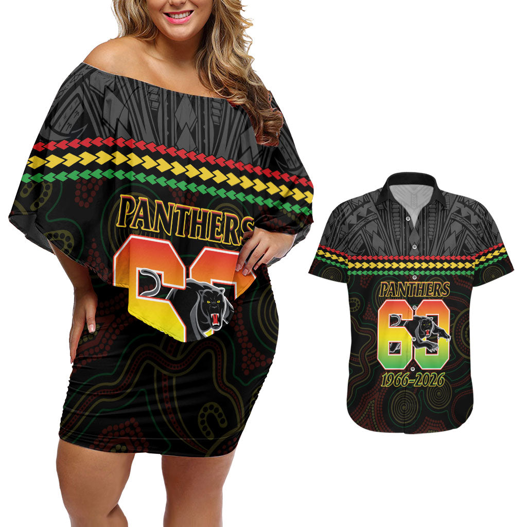 Penrith Panthers Rugby Custom Couples Matching Off Shoulder Short Dress and Hawaiian Shirt 60 Years Anniversary Black Polynesian Aboriginal Art