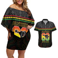 Penrith Panthers Rugby Custom Couples Matching Off Shoulder Short Dress and Hawaiian Shirt 60 Years Anniversary Black Polynesian Aboriginal Art