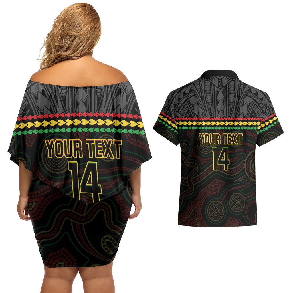 Penrith Panthers Rugby Custom Couples Matching Off Shoulder Short Dress and Hawaiian Shirt 60 Years Anniversary Black Polynesian Aboriginal Art