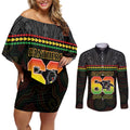 Penrith Panthers Rugby Custom Couples Matching Off Shoulder Short Dress and Long Sleeve Button Shirt 60 Years Anniversary Black Polynesian Aboriginal Art
