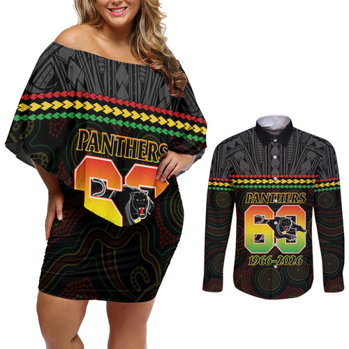 Penrith Panthers Rugby Custom Couples Matching Off Shoulder Short Dress and Long Sleeve Button Shirt 60 Years Anniversary Black Polynesian Aboriginal Art