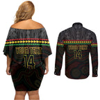 Penrith Panthers Rugby Custom Couples Matching Off Shoulder Short Dress and Long Sleeve Button Shirt 60 Years Anniversary Black Polynesian Aboriginal Art