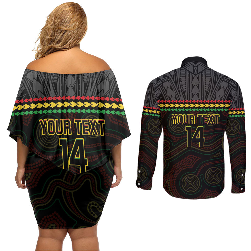 Penrith Panthers Rugby Custom Couples Matching Off Shoulder Short Dress and Long Sleeve Button Shirt 60 Years Anniversary Black Polynesian Aboriginal Art