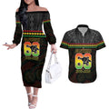 Penrith Panthers Rugby Custom Couples Matching Off The Shoulder Long Sleeve Dress and Hawaiian Shirt 60 Years Anniversary Black Polynesian Aboriginal Art