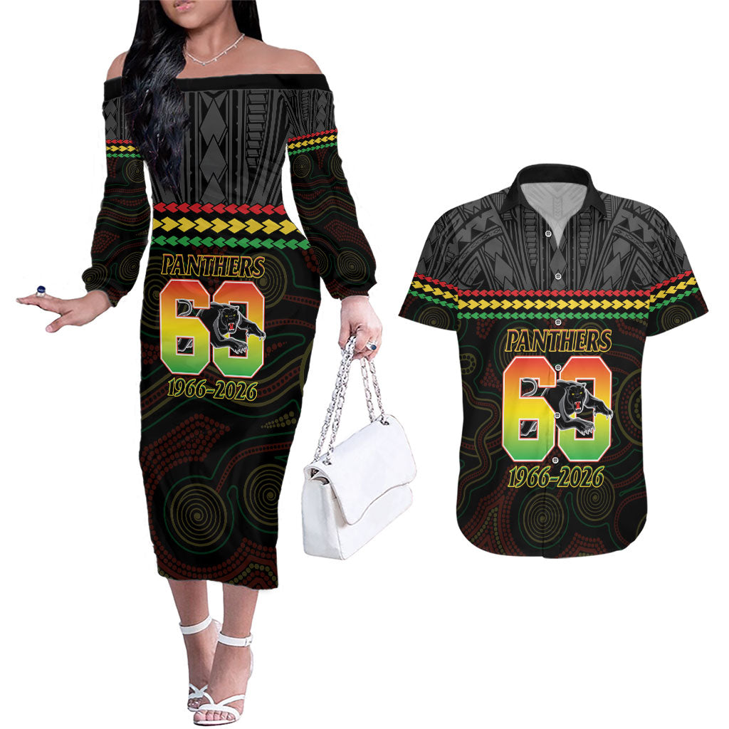 Penrith Panthers Rugby Custom Couples Matching Off The Shoulder Long Sleeve Dress and Hawaiian Shirt 60 Years Anniversary Black Polynesian Aboriginal Art