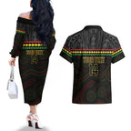 Penrith Panthers Rugby Custom Couples Matching Off The Shoulder Long Sleeve Dress and Hawaiian Shirt 60 Years Anniversary Black Polynesian Aboriginal Art