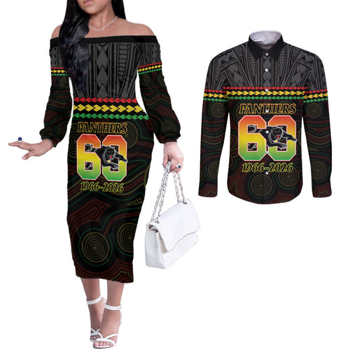 Penrith Panthers Rugby Custom Couples Matching Off The Shoulder Long Sleeve Dress and Long Sleeve Button Shirt 60 Years Anniversary Black Polynesian Aboriginal Art