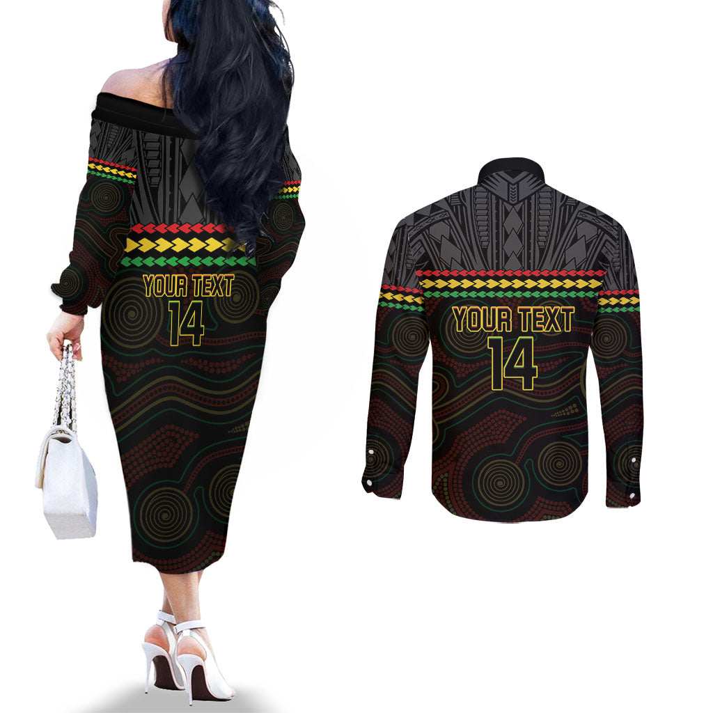 Penrith Panthers Rugby Custom Couples Matching Off The Shoulder Long Sleeve Dress and Long Sleeve Button Shirt 60 Years Anniversary Black Polynesian Aboriginal Art