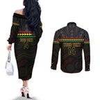 Penrith Panthers Rugby Custom Couples Matching Off The Shoulder Long Sleeve Dress and Long Sleeve Button Shirt 60 Years Anniversary Black Polynesian Aboriginal Art