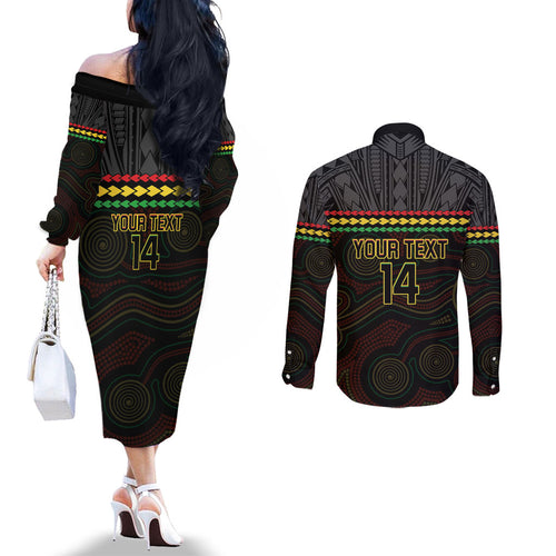 Penrith Panthers Rugby Custom Couples Matching Off The Shoulder Long Sleeve Dress and Long Sleeve Button Shirt 60 Years Anniversary Black Polynesian Aboriginal Art