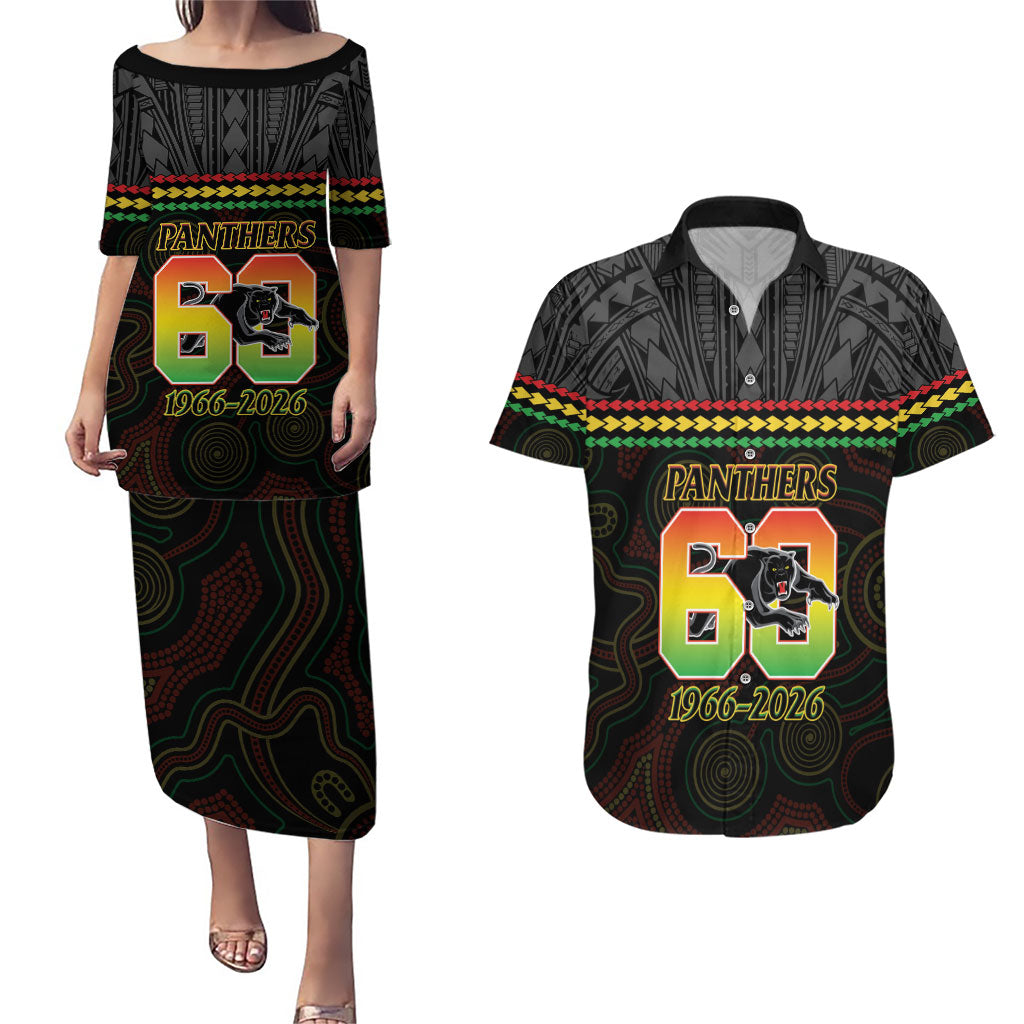 Penrith Panthers Rugby Custom Couples Matching Puletasi and Hawaiian Shirt 60 Years Anniversary Black Polynesian Aboriginal Art